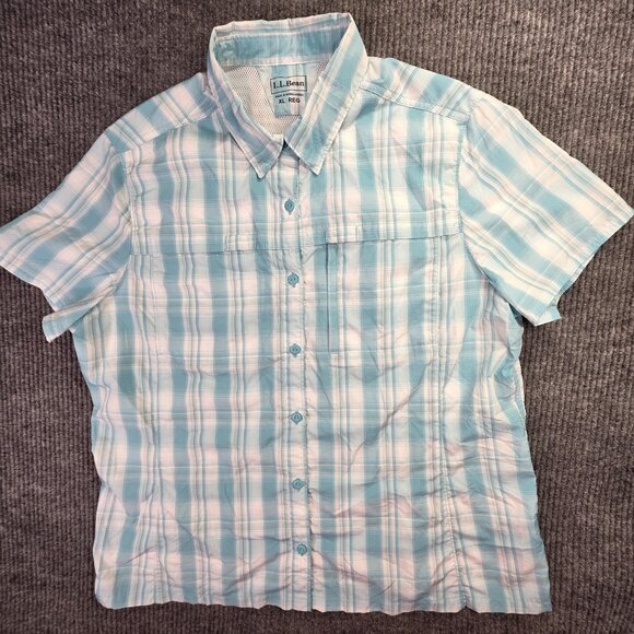 L.L. Bean Tops - LL Bean Shirt Womens XL Blue Plaid Button Up Short Sleeve Outdoors Hiking